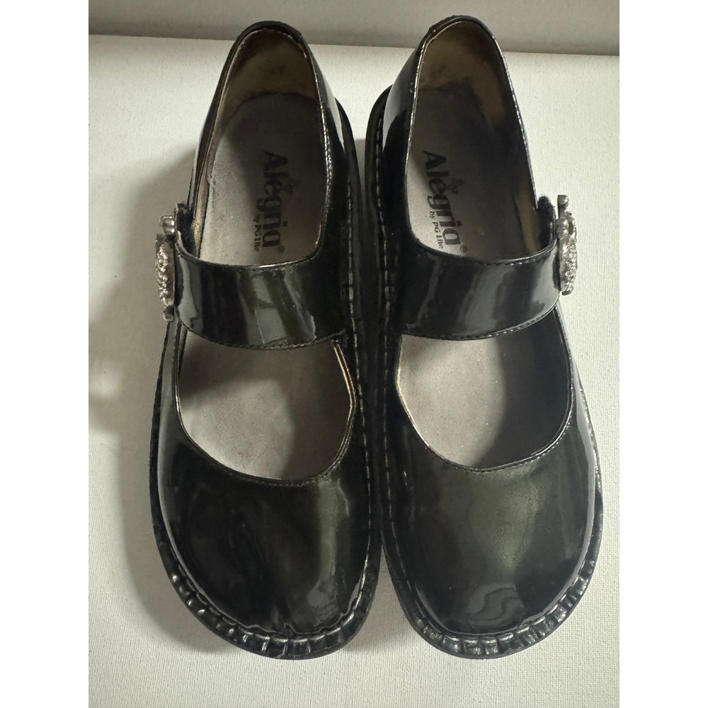 Alegria Mary Jane Skull Buckle Shoes Metallic Dark Green Patent Womens 37 US 7